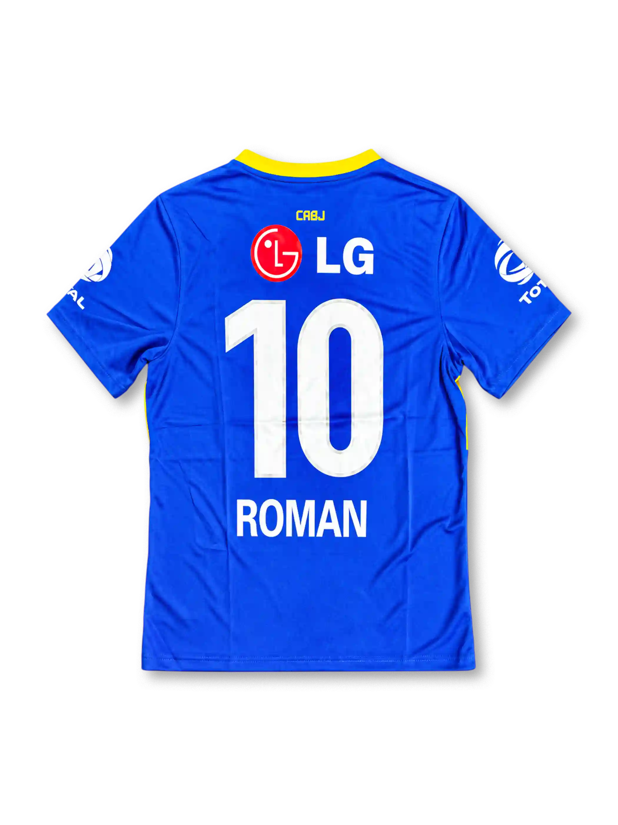 Boca Juniors 2010-11 home soccer jersey featuring Juan Román Riquelme #10, royal blue fabric, a wide yellow chest band, yellow Nike Swoosh, CABJ crest, LG sponsor, and Total sleeve branding.
