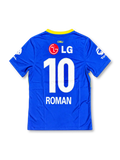 Boca Juniors 2010-11 home soccer jersey featuring Juan Román Riquelme #10, royal blue fabric, a wide yellow chest band, yellow Nike Swoosh, CABJ crest, LG sponsor, and Total sleeve branding.