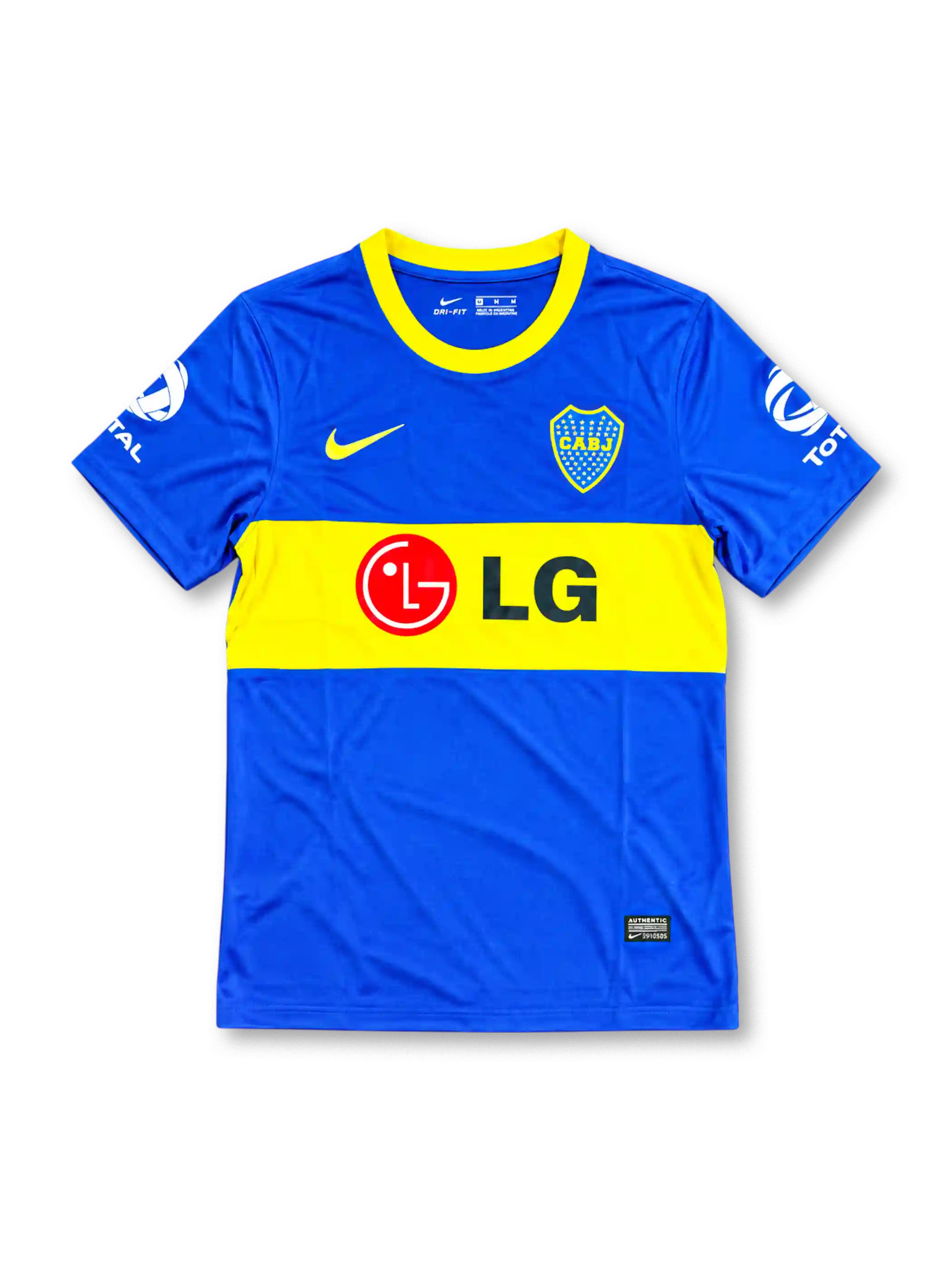 Boca Juniors 2010-11 home soccer jersey featuring Juan Román Riquelme #10, royal blue fabric, a wide yellow chest band, yellow Nike Swoosh, CABJ crest, LG sponsor, and Total sleeve branding.