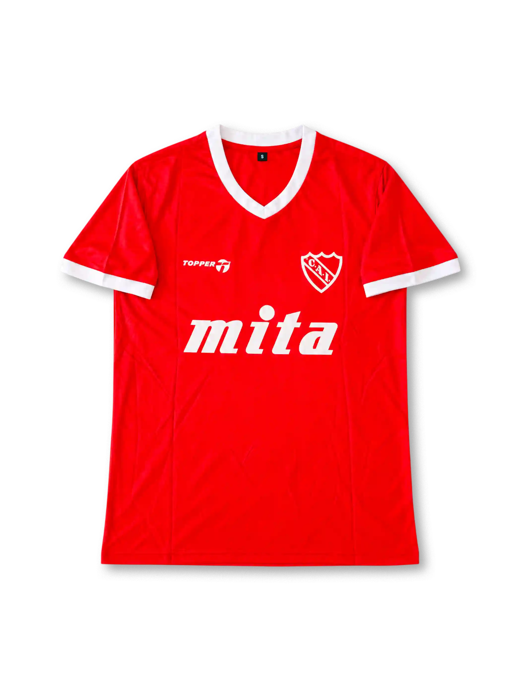 Front view of the Club Atlético Independiente 1984-85 red home football shirt associated with number 10 Ricardo Bochini, featuring a white V-neck collar and sleeve cuffs, white Topper logo, Independiente crest, and large white Mita sponsor graphic.