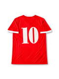 Front view of the Club Atlético Independiente 1984-85 red home football shirt associated with number 10 Ricardo Bochini, featuring a white V-neck collar and sleeve cuffs, white Topper logo, Independiente crest, and large white Mita sponsor graphic.