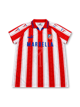 Front view of the Atlético Madrid 1995-96 home football shirt associated with Diego Simeone #14, featuring red and white vertical stripes with printed championship lettering, a red and blue collar, Puma logos, the Atlético Madrid crest, and a blue Marbella sponsor.