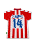 Front view of the Atlético Madrid 1995-96 home football shirt associated with Diego Simeone #14, featuring red and white vertical stripes with printed championship lettering, a red and blue collar, Puma logos, the Atlético Madrid crest, and a blue Marbella sponsor.
