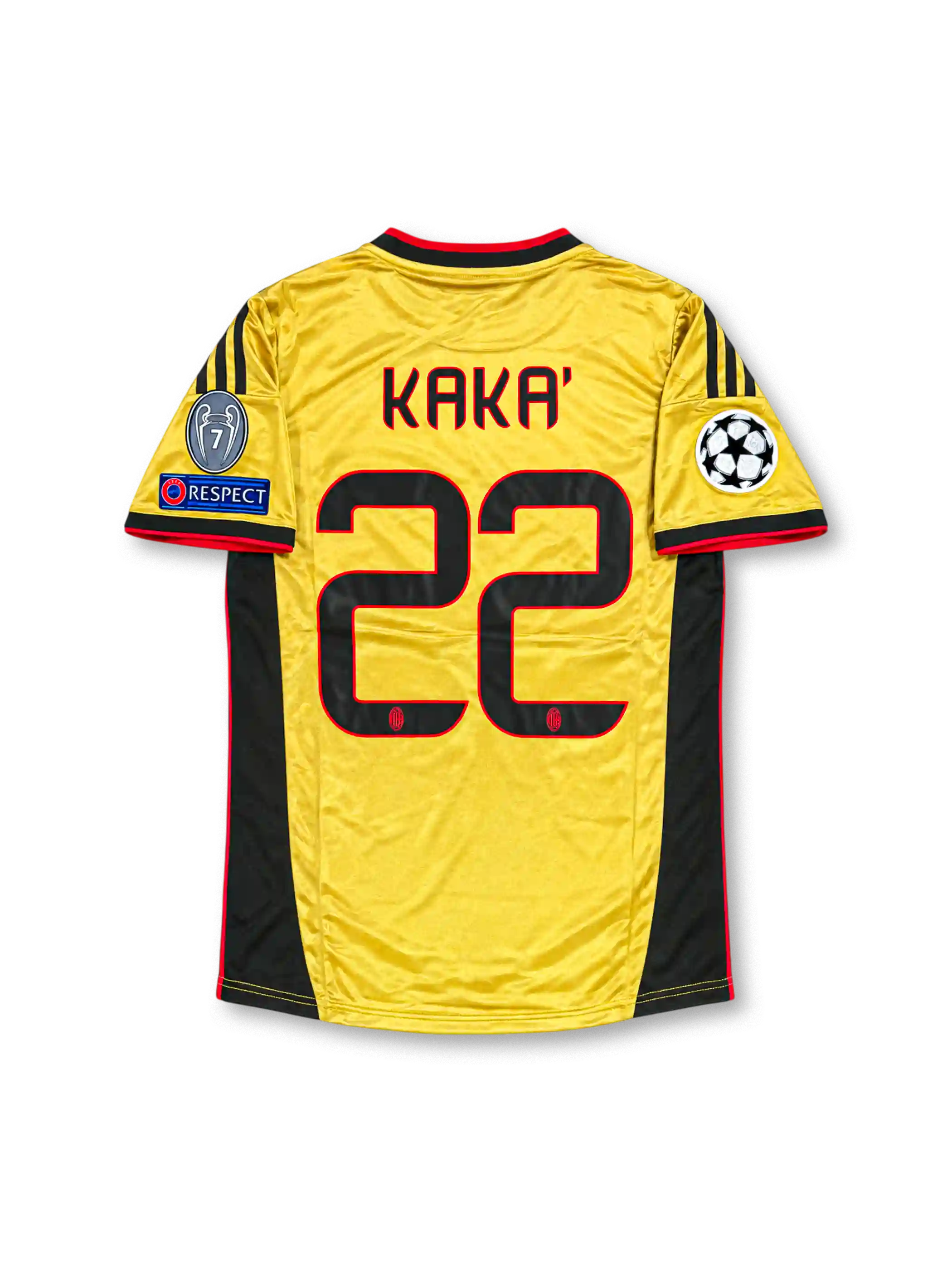 Front view of the AC Milan 2013-14 gold third football jersey featuring Kaká #22, black adidas shoulder stripes and side panels, red trim, Fly Emirates sponsor, Italian flag chest detail, and UEFA Champions League sleeve patches.