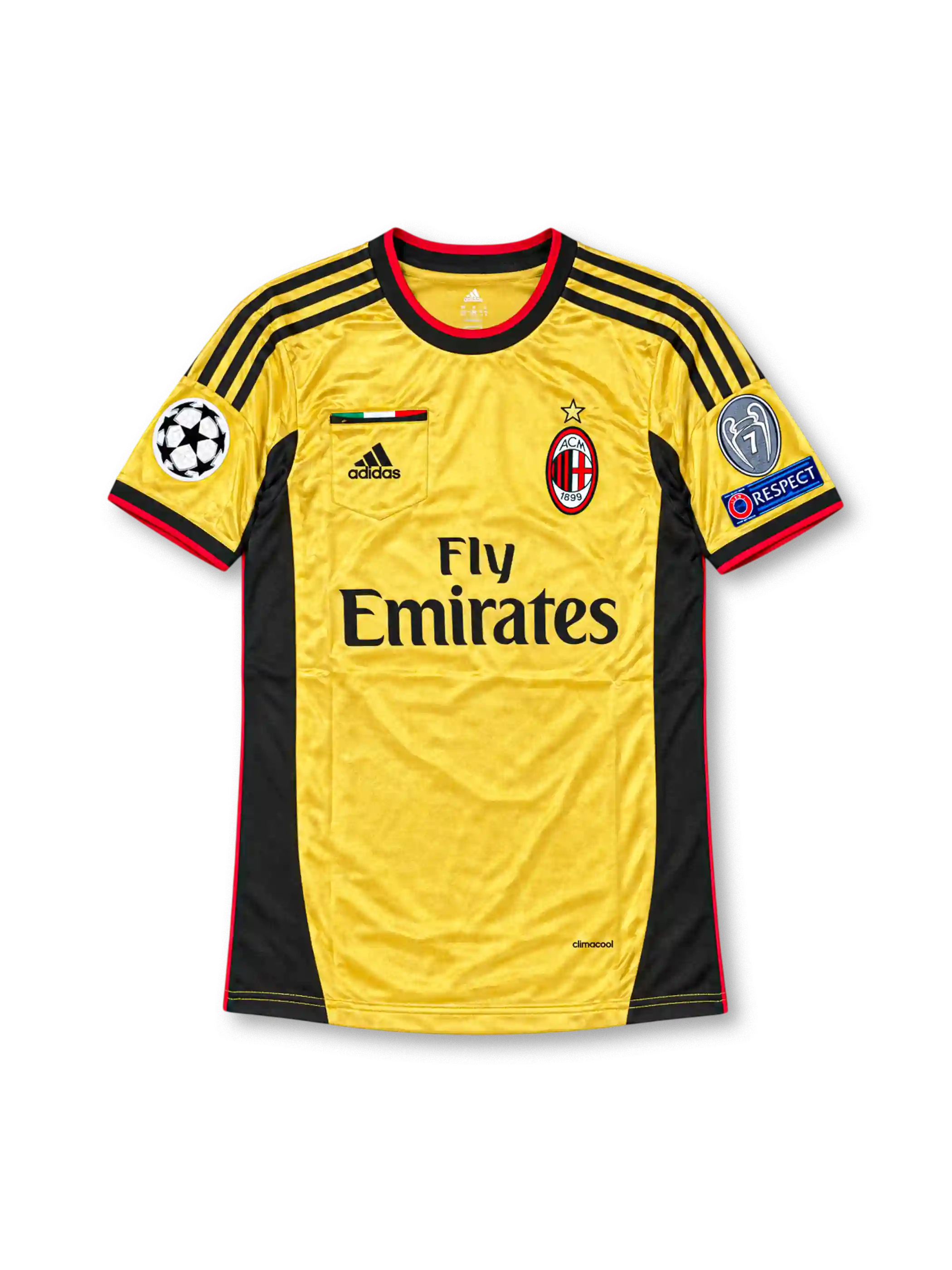 Front view of the AC Milan 2013-14 gold third football jersey featuring Kaká #22, black adidas shoulder stripes and side panels, red trim, Fly Emirates sponsor, Italian flag chest detail, and UEFA Champions League sleeve patches.