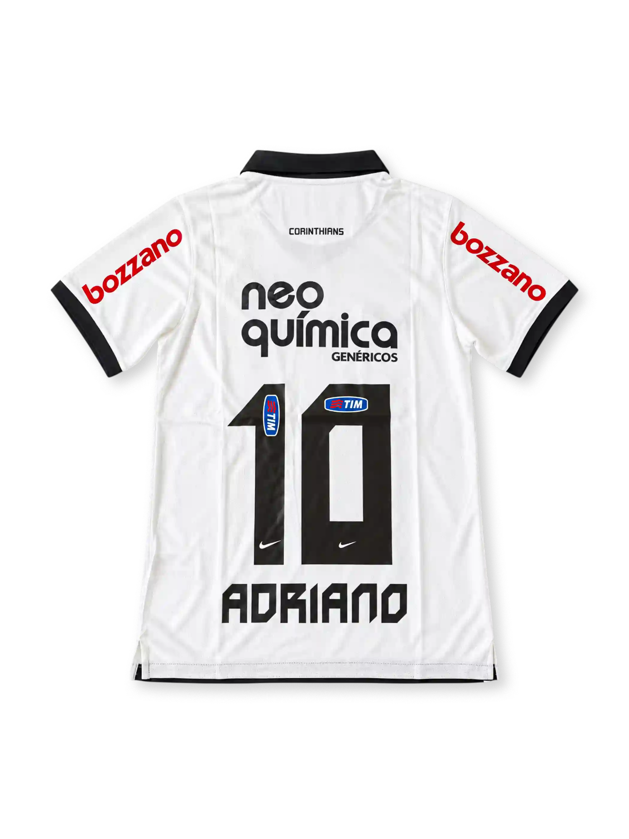 Front view of the Corinthians 2011-12 white home football jersey associated with Adriano #10, featuring a black polo collar and sleeve trim, Nike swoosh, Corinthians crest, Neo Química Genéricos chest sponsor, and red Bozzano sleeve branding.