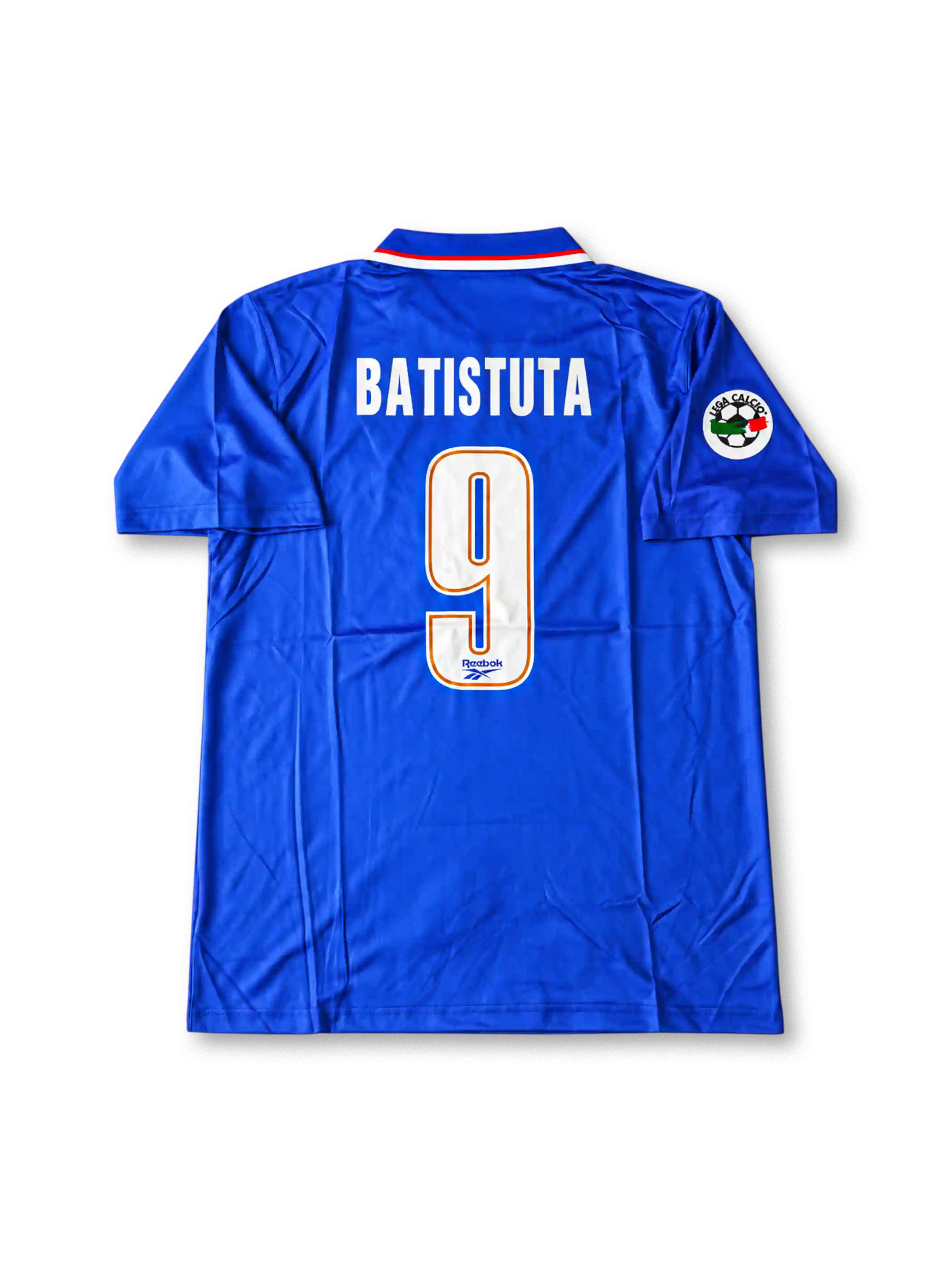 Front view of a royal blue Fiorentina Reebok football shirt associated with Gabriel Batistuta #9, featuring a red and white trimmed polo collar, Fiorentina crest, Reebok logo, Sammontana chest sponsor, and Serie A sleeve patch.