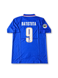 Front view of a royal blue Fiorentina Reebok football shirt associated with Gabriel Batistuta #9, featuring a red and white trimmed polo collar, Fiorentina crest, Reebok logo, Sammontana chest sponsor, and Serie A sleeve patch.