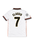Valencia CF 1999-00 home jersey by Luanvi, featuring a white body, black and orange trim, Terra Mítica sponsor, club crest and UEFA Champions League sleeve patch.