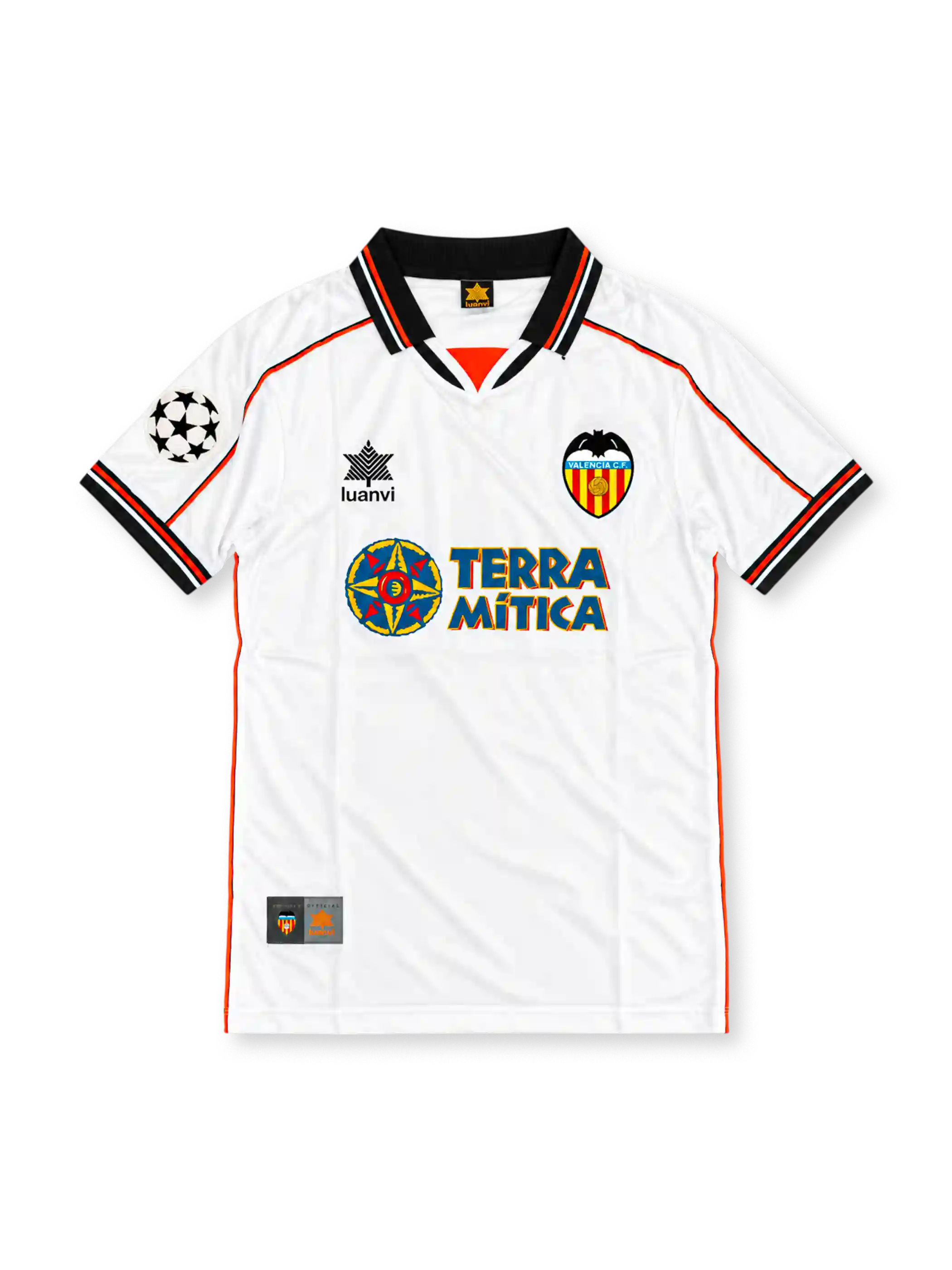 Valencia CF 1999-00 home jersey by Luanvi, featuring a white body, black and orange trim, Terra Mítica sponsor, club crest and UEFA Champions League sleeve patch.