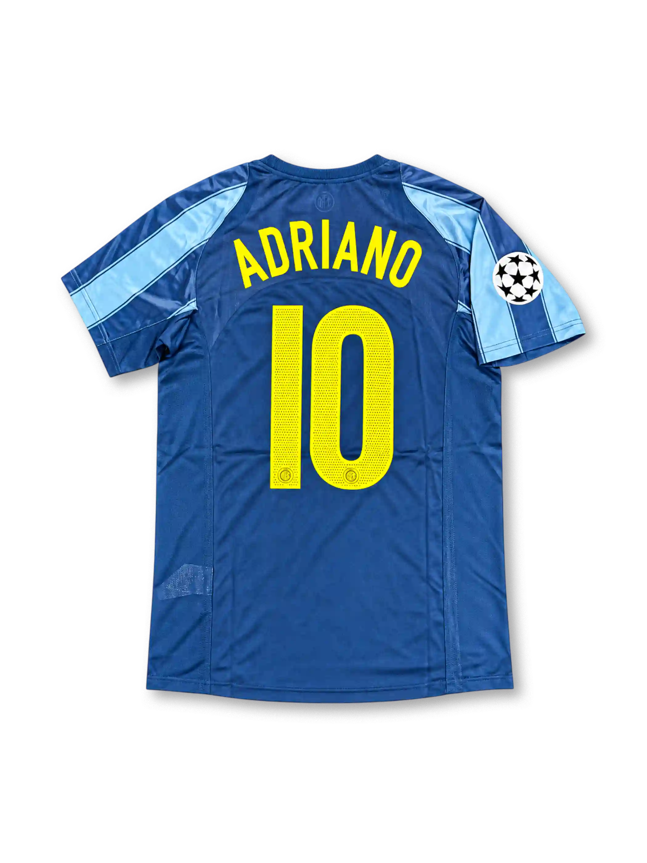 Inter Milan 2005-06 Nike Total 90 third jersey featuring navy and sky-blue horizontal stripes, yellow Nike Swoosh, Pirelli sponsor, club crest and Adriano number 10.