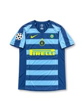 Inter Milan 2005-06 Nike Total 90 third jersey featuring navy and sky-blue horizontal stripes, yellow Nike Swoosh, Pirelli sponsor, club crest and Adriano number 10.
