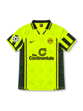 Borussia Dortmund 1996-97 Nike home jersey featuring a fluorescent yellow BVB monogram pattern, black geometric sleeve panels, Die Continentale sponsor and Andreas Möller number 10.