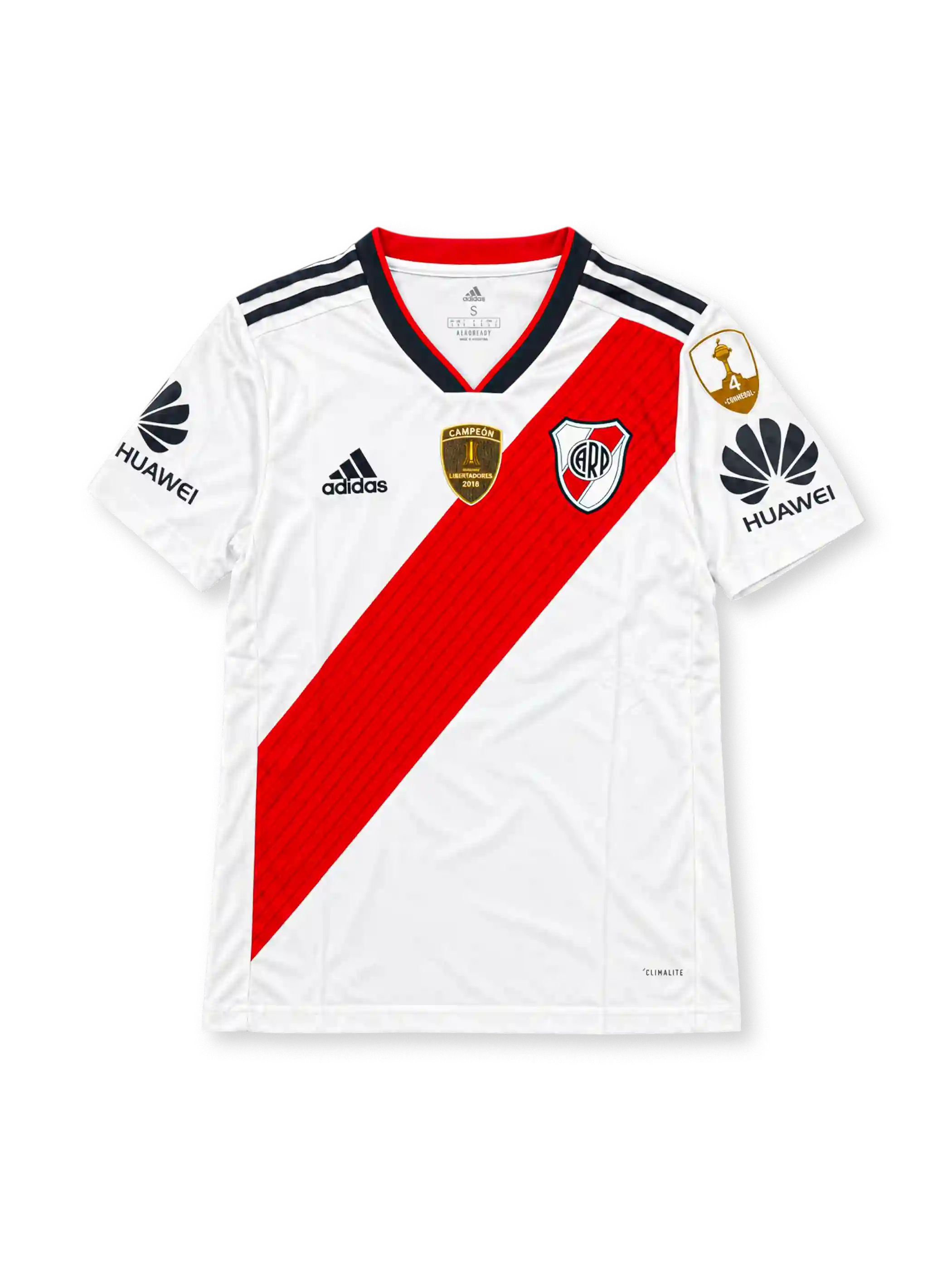 Front view of the River Plate 2019 white adidas home jersey featuring a red diagonal sash, black shoulder stripes, River Plate crest, gold 2018 Copa Libertadores champions chest badge, Huawei sleeve sponsors, and gold CONMEBOL sleeve patch.