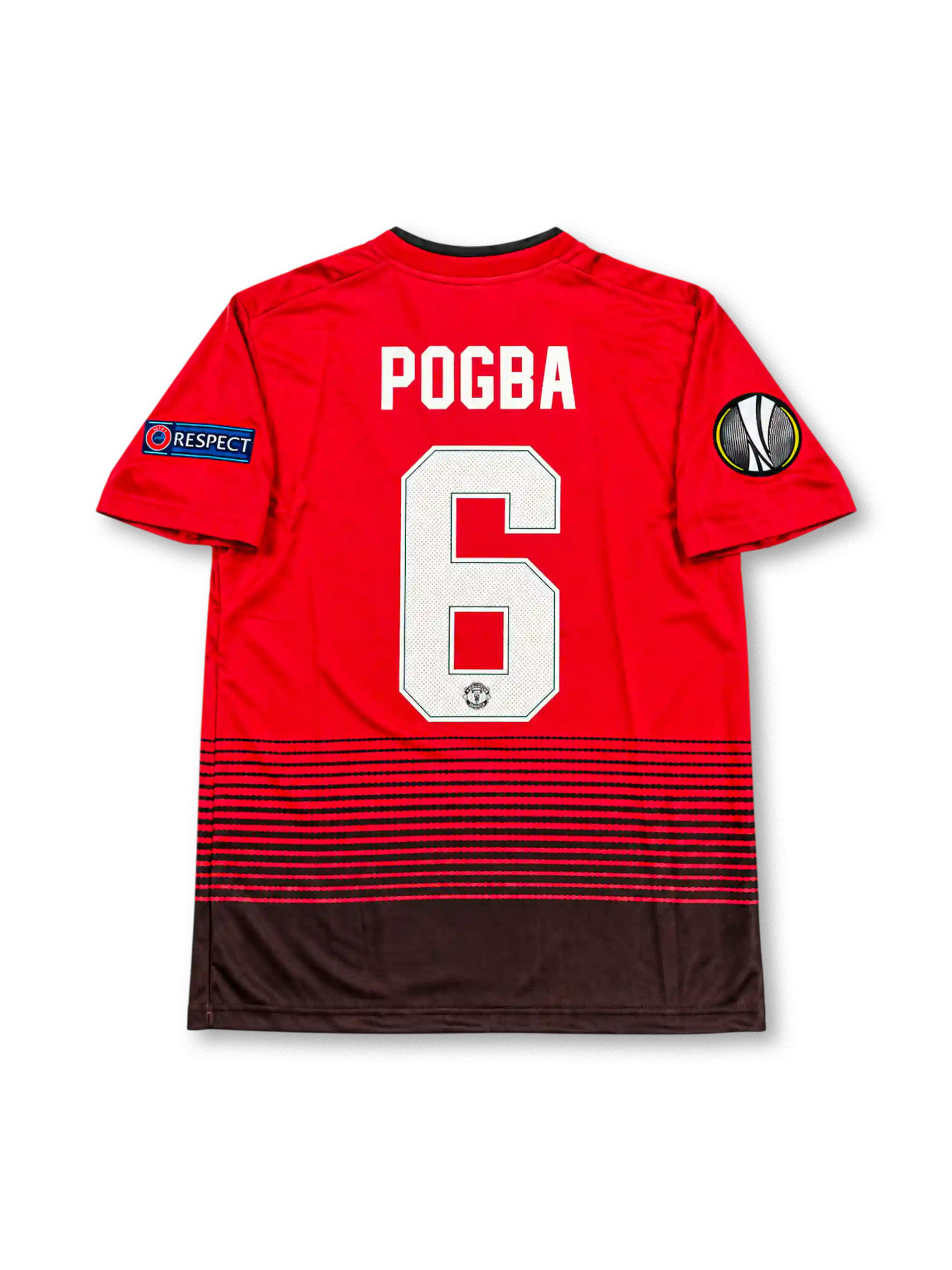 Front view of a Manchester United 2018-19 adidas home soccer jersey with red-to-black horizontal gradient stripes, Chevrolet chest sponsor, Manchester United crest, black shoulder stripes, UEFA Europa League sleeve patch, and blue Respect patch.