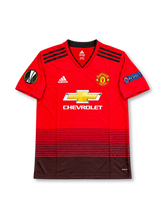 Front view of a Manchester United 2018-19 adidas home soccer jersey with red-to-black horizontal gradient stripes, Chevrolet chest sponsor, Manchester United crest, black shoulder stripes, UEFA Europa League sleeve patch, and blue Respect patch.