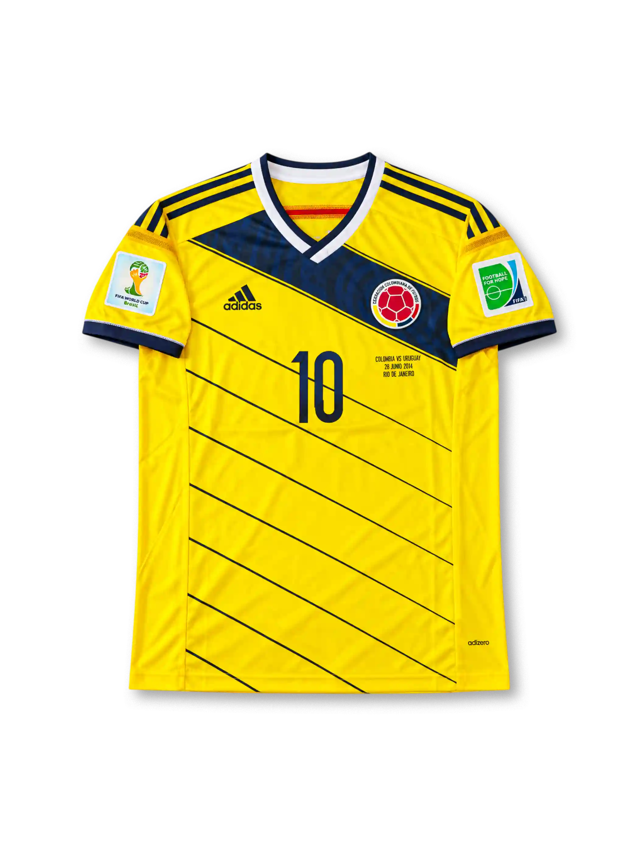 Front view of Colombia's 2014 World Cup yellow adidas home jersey featuring navy diagonal stripes, number 10, national team crest, Colombia vs Uruguay June 28 match lettering, and FIFA World Cup sleeve patches.