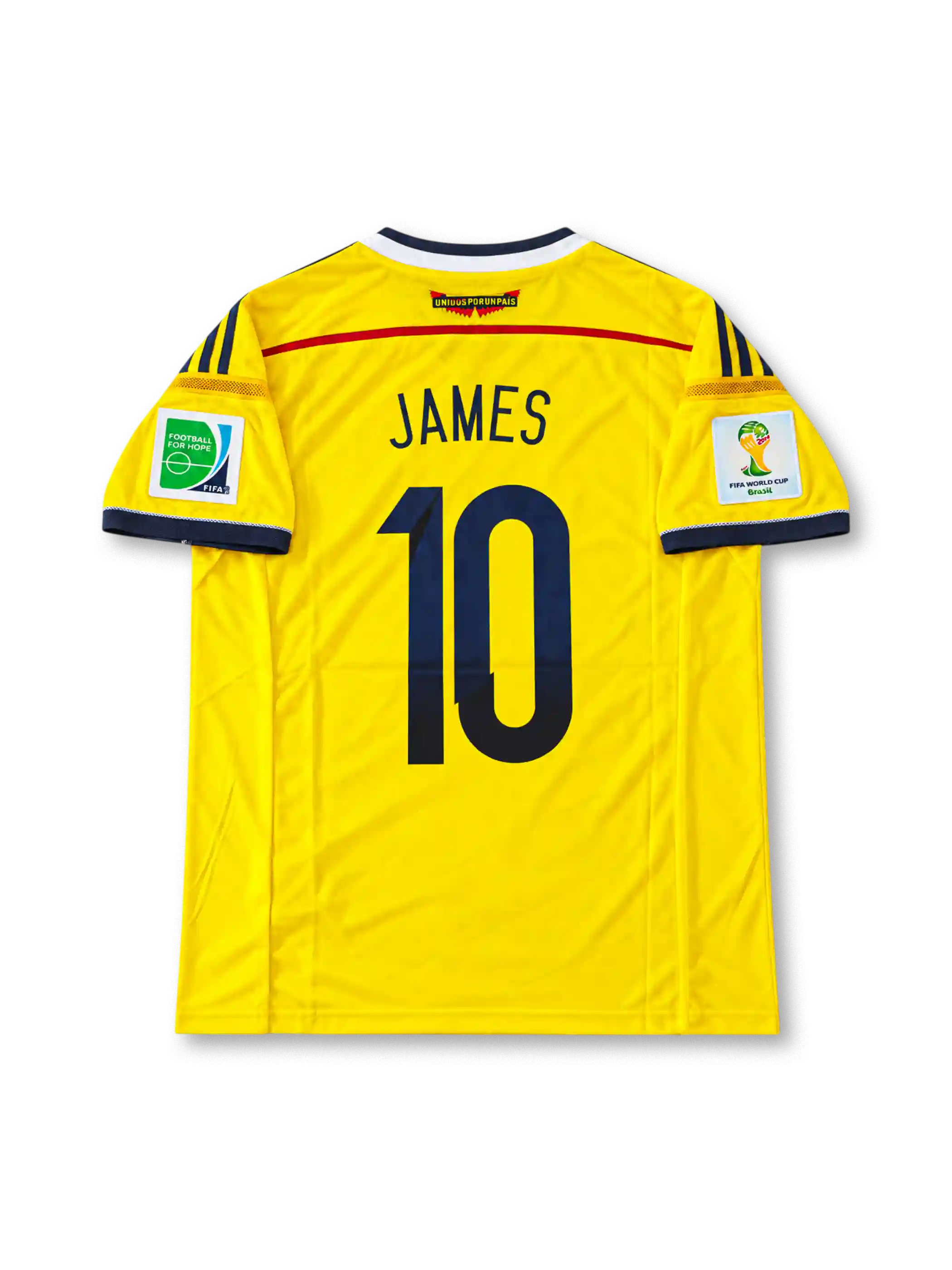 Front view of Colombia's 2014 World Cup yellow adidas home jersey featuring navy diagonal stripes, number 10, national team crest, Colombia vs Uruguay June 28 match lettering, and FIFA World Cup sleeve patches.