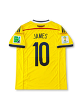 Front view of Colombia's 2014 World Cup yellow adidas home jersey featuring navy diagonal stripes, number 10, national team crest, Colombia vs Uruguay June 28 match lettering, and FIFA World Cup sleeve patches.