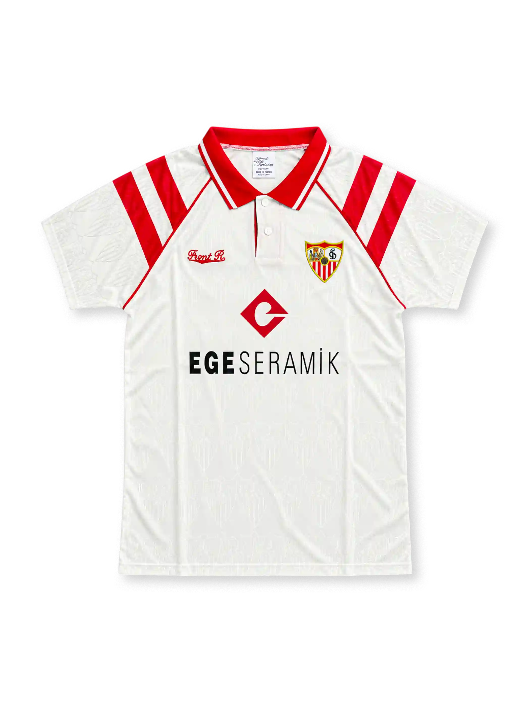 Front view of the Sevilla FC 1992-93 white home jersey featuring red shoulder stripes, a red polo collar, embroidered club crest, red chest logo, and EGE SERAMIK sponsor.