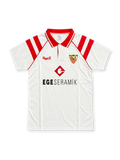 Front view of the Sevilla FC 1992-93 white home jersey featuring red shoulder stripes, a red polo collar, embroidered club crest, red chest logo, and EGE SERAMIK sponsor.