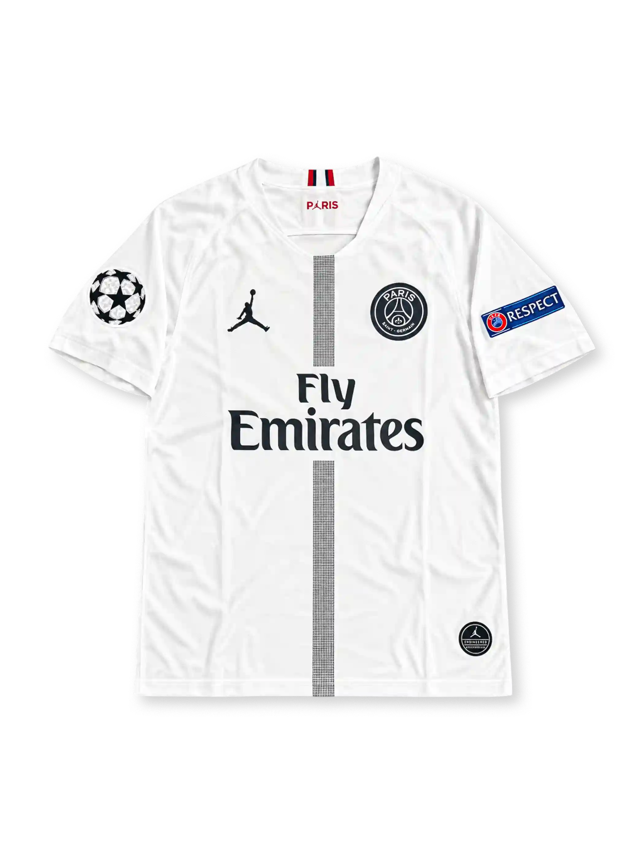 Front view of the Paris Saint-Germain 2018-19 Champions League away jersey featuring Ángel Di María #11, white fabric, black central textured stripe, Jordan Jumpman logo, monochrome PSG crest and Fly Emirates sponsor.