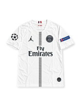 Front view of the Paris Saint-Germain 2018-19 Champions League away jersey featuring Ángel Di María #11, white fabric, black central textured stripe, Jordan Jumpman logo, monochrome PSG crest and Fly Emirates sponsor.