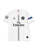 Front view of the Paris Saint-Germain 2018-19 Champions League away jersey featuring Ángel Di María #11, white fabric, black central textured stripe, Jordan Jumpman logo, monochrome PSG crest and Fly Emirates sponsor.