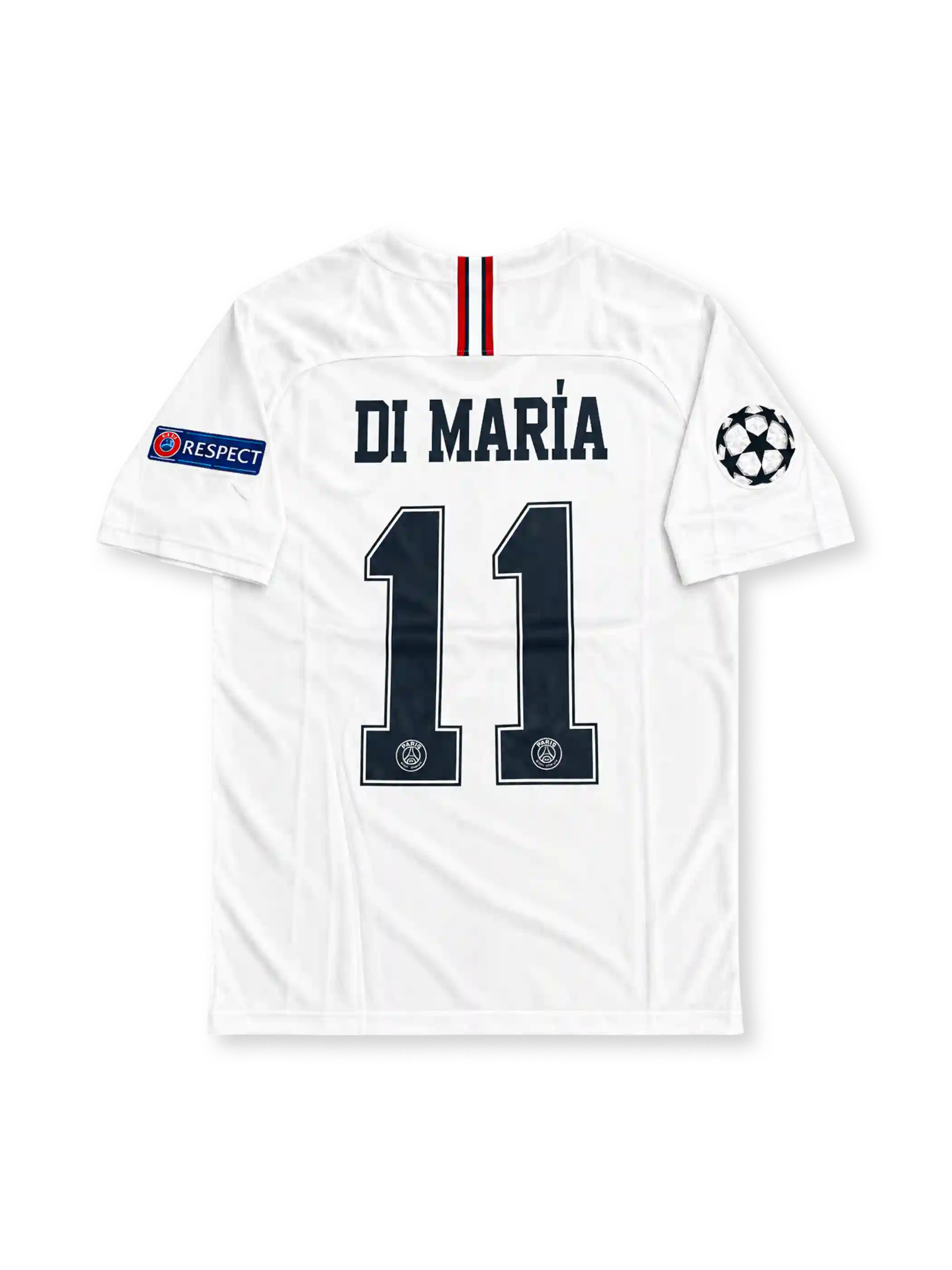 Front view of the Paris Saint-Germain 2018-19 Champions League away jersey featuring Ángel Di María #11, white fabric, black central textured stripe, Jordan Jumpman logo, monochrome PSG crest and Fly Emirates sponsor.