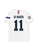 Front view of the Paris Saint-Germain 2018-19 Champions League away jersey featuring Ángel Di María #11, white fabric, black central textured stripe, Jordan Jumpman logo, monochrome PSG crest and Fly Emirates sponsor.