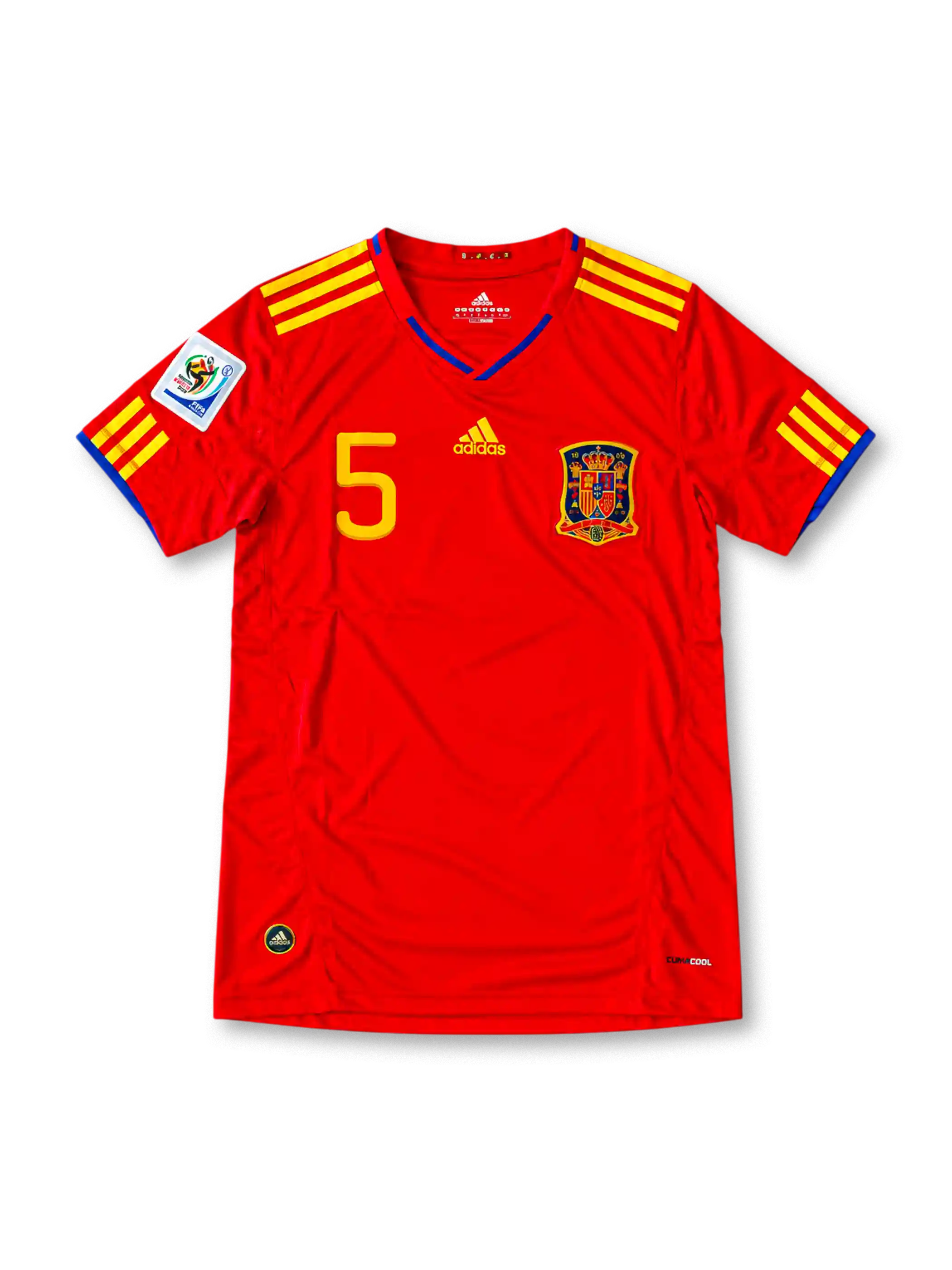 Front view of the Spain 2010 red home football jersey featuring Carles Puyol number 5, yellow Adidas shoulder stripes, blue neckline detailing and the Spanish national team crest.