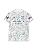 Manchester United 2008-09 white away jersey featuring navy side panels, red V-neck insert, black Nike Swoosh, AIG sponsor, Champions 07/08 sleeve patch and Carlos Tevez number 32.