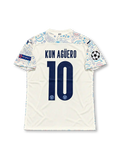 Manchester United 2008-09 white away jersey featuring navy side panels, red V-neck insert, black Nike Swoosh, AIG sponsor, Champions 07/08 sleeve patch and Carlos Tevez number 32.