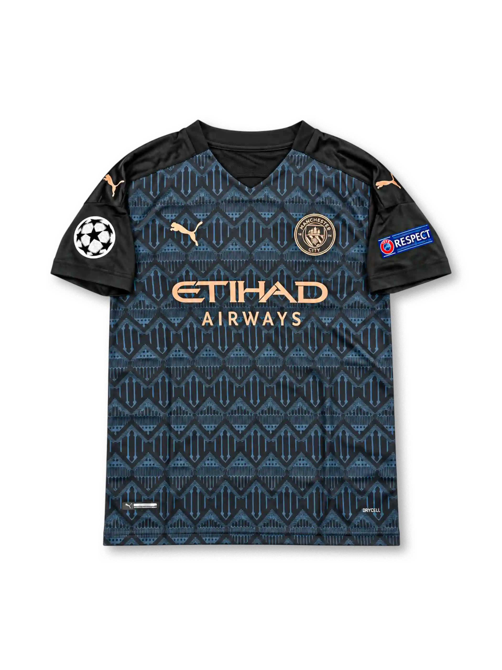 Manchester City 2020-21 dark navy and black PUMA away jersey featuring a geometric pattern, copper-colored club crest, PUMA logos, Etihad Airways sponsor and Sergio Aguero number 10.