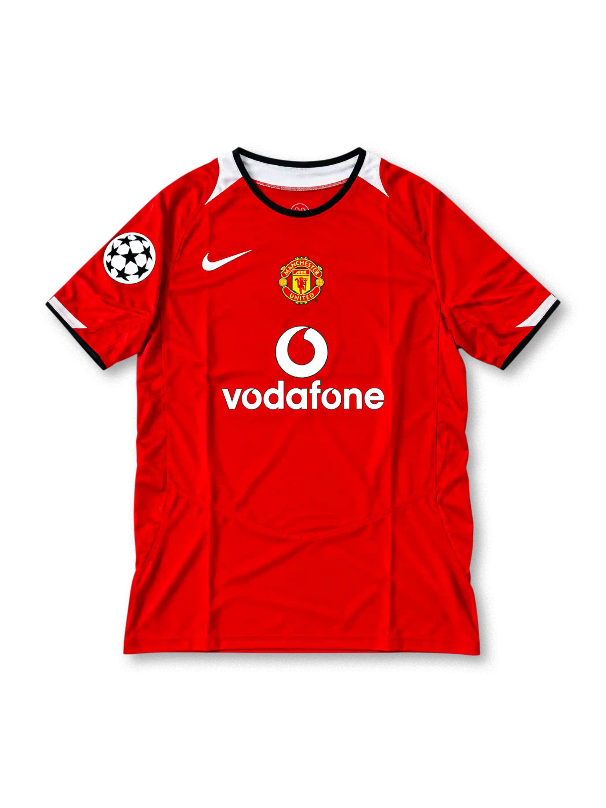 Manchester United 2004-06 red Nike Total 90 home jersey featuring white shoulder panels, black collar trim, club crest, Vodafone sponsor and Champions League starball sleeve patch.