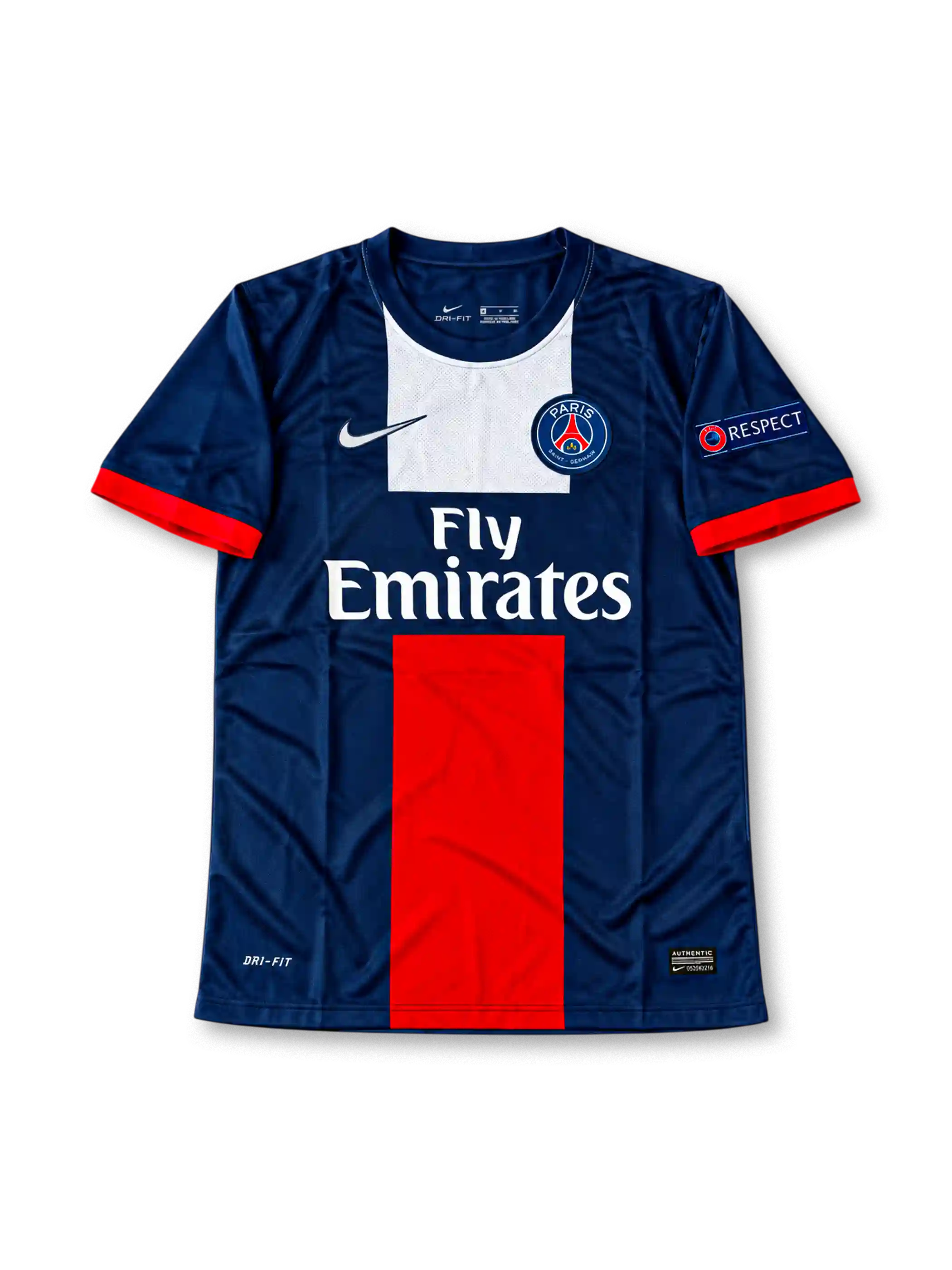 Paris Saint-Germain 2013-14 navy Nike home jersey featuring a white upper-chest panel, red central stripe, red sleeve cuffs, PSG crest and Fly Emirates sponsor.