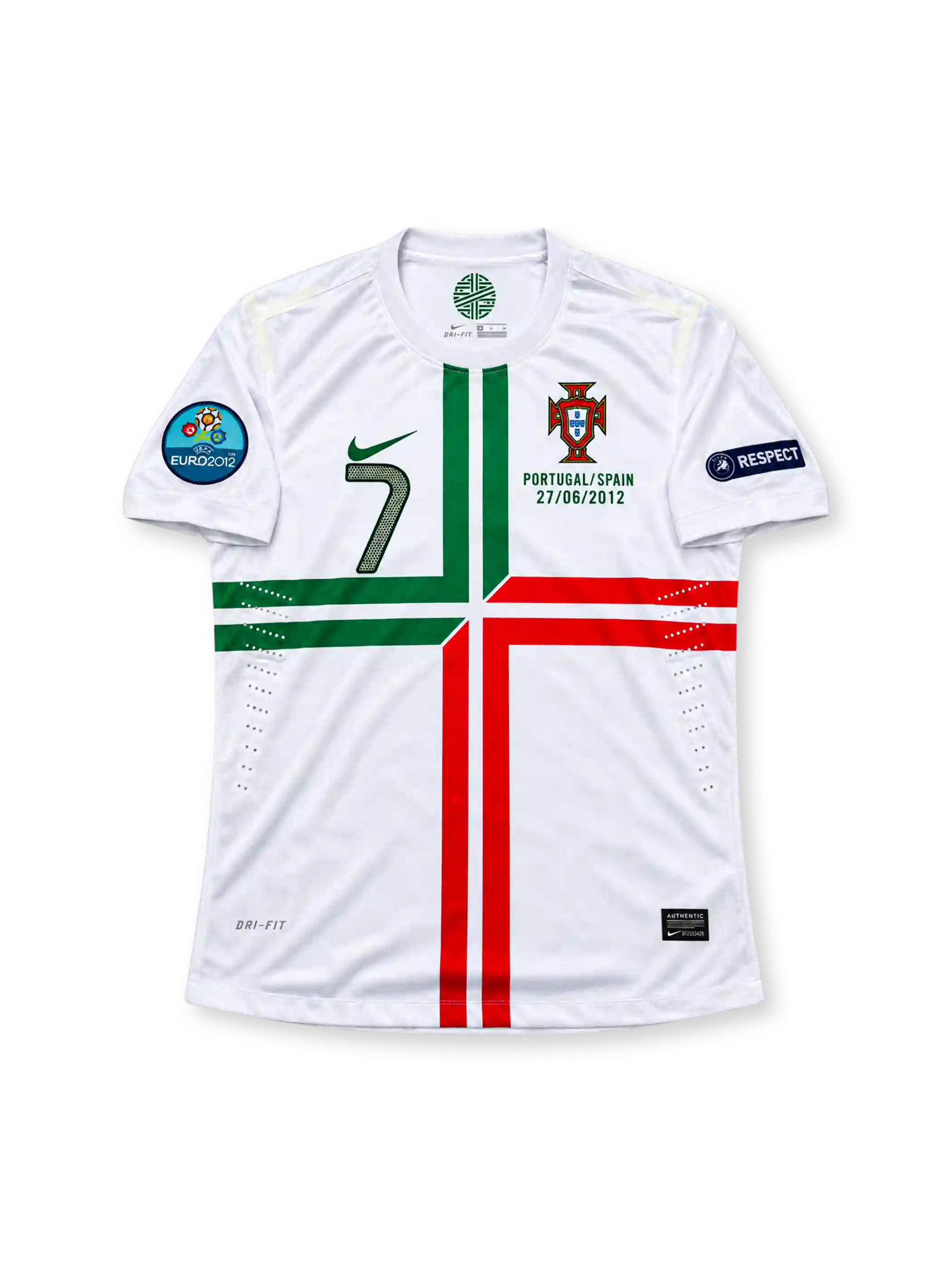 Portugal 2012 Euro away authentic jersey featuring Cristiano Ronaldo number 7, a white Nike design with a green and red cross, Portugal crest and Spain semi-final commemorative inscription.