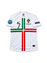Portugal 2012 Euro away authentic jersey featuring Cristiano Ronaldo number 7, a white Nike design with a green and red cross, Portugal crest and Spain semi-final commemorative inscription.