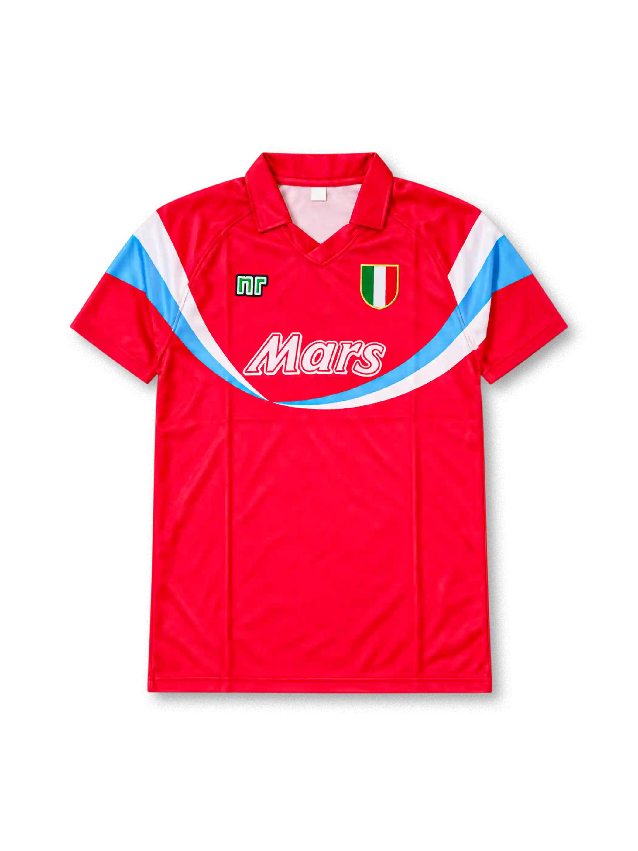 Napoli 1990-91 red third retro football jersey featuring Ennerre NR branding, Mars sponsor, Italian tricolour Scudetto shield and distinctive white and sky-blue curved graphics.