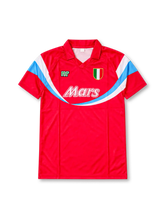 Napoli 1990-91 red third retro football jersey featuring Ennerre NR branding, Mars sponsor, Italian tricolour Scudetto shield and distinctive white and sky-blue curved graphics.