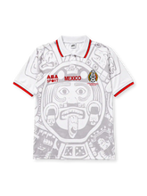 Mexico 1998 World Cup away jersey, front view, white base with grey Aztec Sun Stone print, red and black striped polo collar, ABA Sport logo, MEXICO wordmark, Mexican Football Federation crest, Copa Mundial FIFA Francia 98 lettering