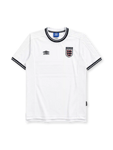 England 1999-2001 home jersey, front view, white body with subtle tonal stripe texture, black and white ribbed crew neck collar, Umbro diamond logo, England Three Lions crest with ENGLAND wordmark tab, striped cuffs