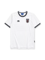 England 1999-2001 home jersey, front view, white body with subtle tonal stripe texture, black and white ribbed crew neck collar, Umbro diamond logo, England Three Lions crest with ENGLAND wordmark tab, striped cuffs