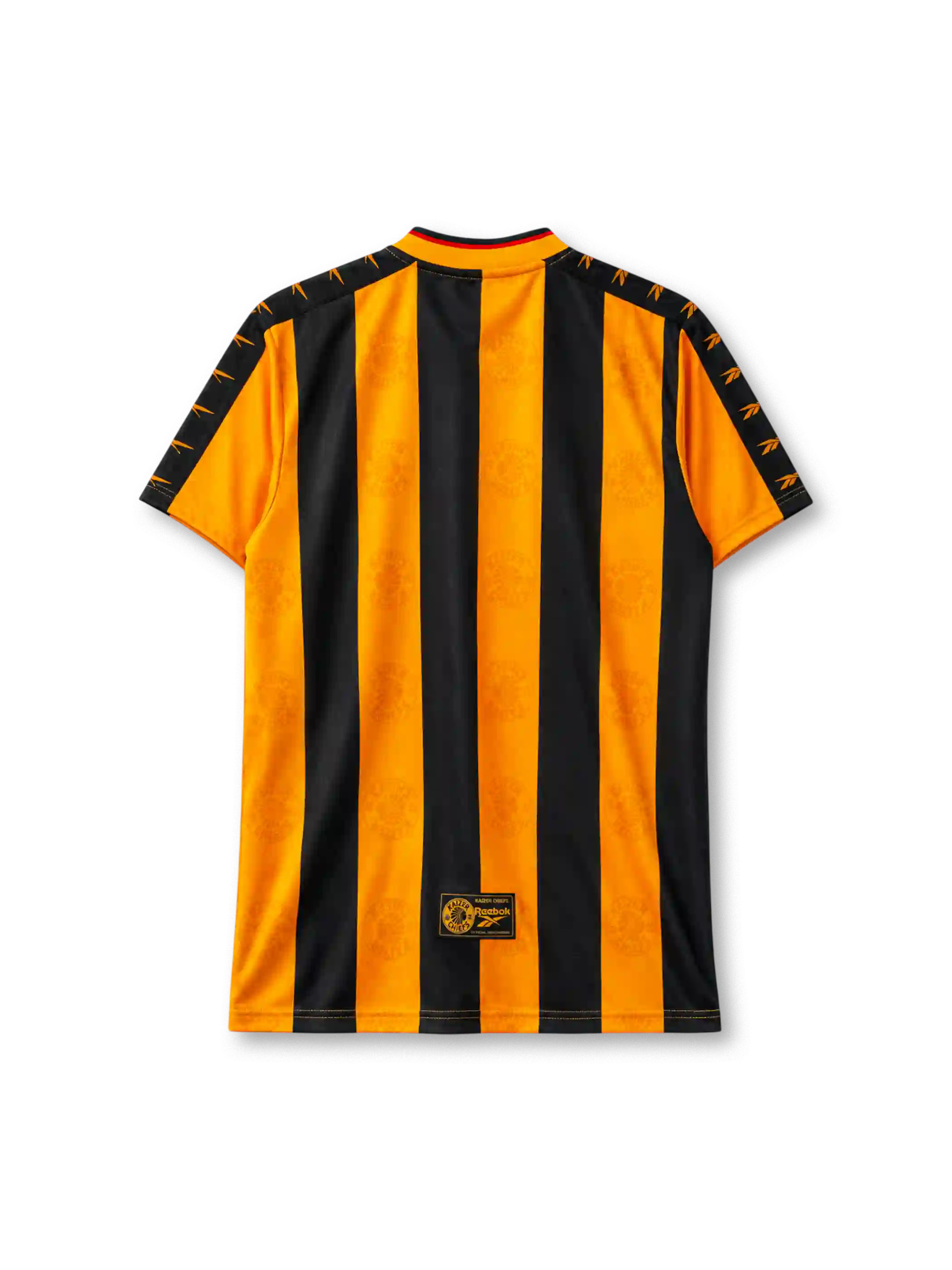 Kaizer Chiefs 1998-99 home jersey, front view, gold and black vertical stripe pattern, V-neck collar with red trim, Reebok logo, Kaizer Chiefs crest with chief-head emblem, red TOTAL sponsor logo, black shoulder panels with gold arrow trim