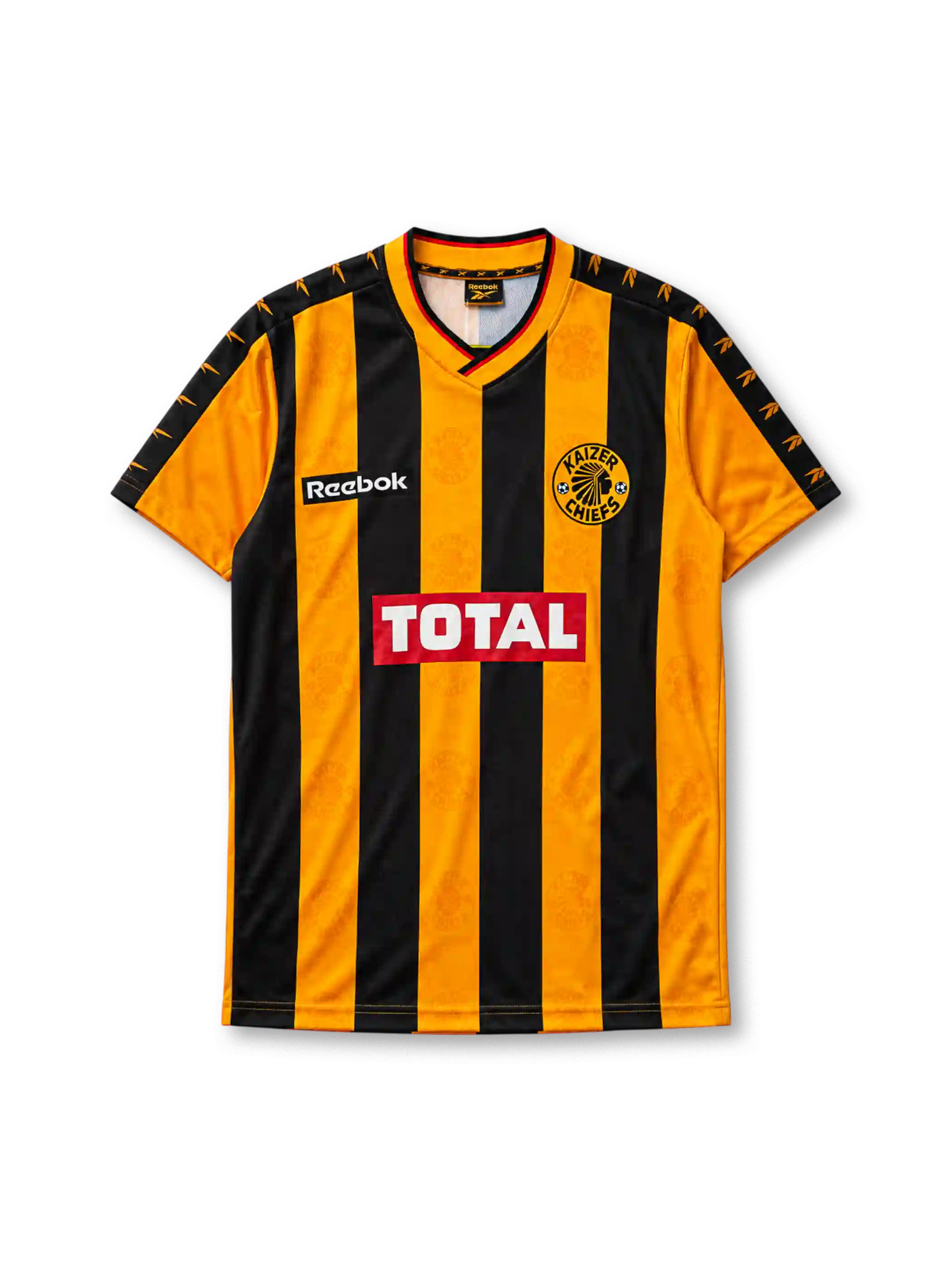 Kaizer Chiefs 1998-99 home jersey, front view, gold and black vertical stripe pattern, V-neck collar with red trim, Reebok logo, Kaizer Chiefs crest with chief-head emblem, red TOTAL sponsor logo, black shoulder panels with gold arrow trim