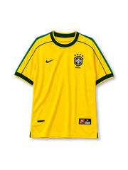 Brazil 1998 World Cup home jersey, front view, yellow body with dark green crew neck collar and cuffs, green shoulder piping, Nike swoosh, CBF crest with four gold stars, BRASIL wordmark