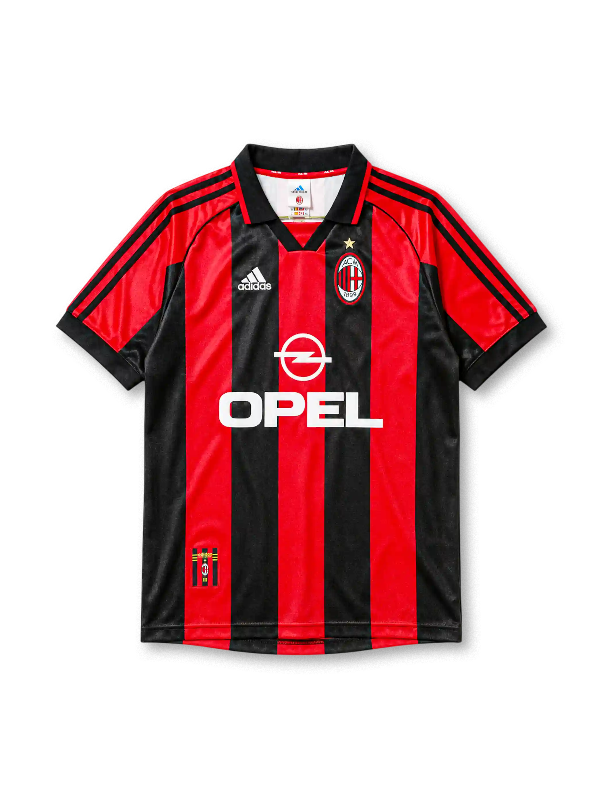 AC Milan 1998/99 home jersey with red and black stripes, adidas logo, and Opel sponsor branding