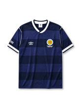 Scotland 1986 World Cup home jersey in navy hoops with SFA crest and Mexico '86 detailing