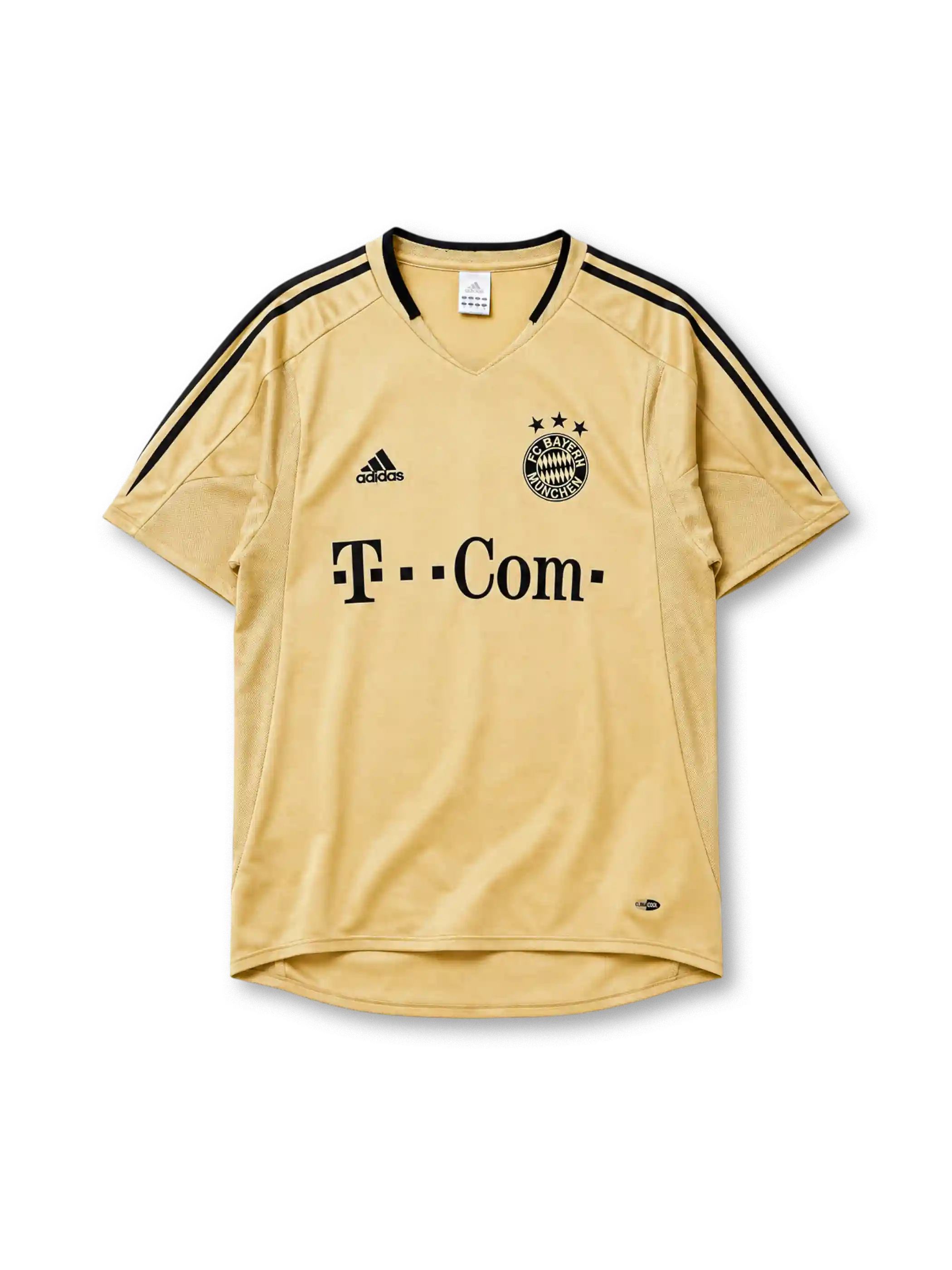 Bayern Munich 2004/05 away jersey in gold with black adidas stripes and T-Com sponsor branding
