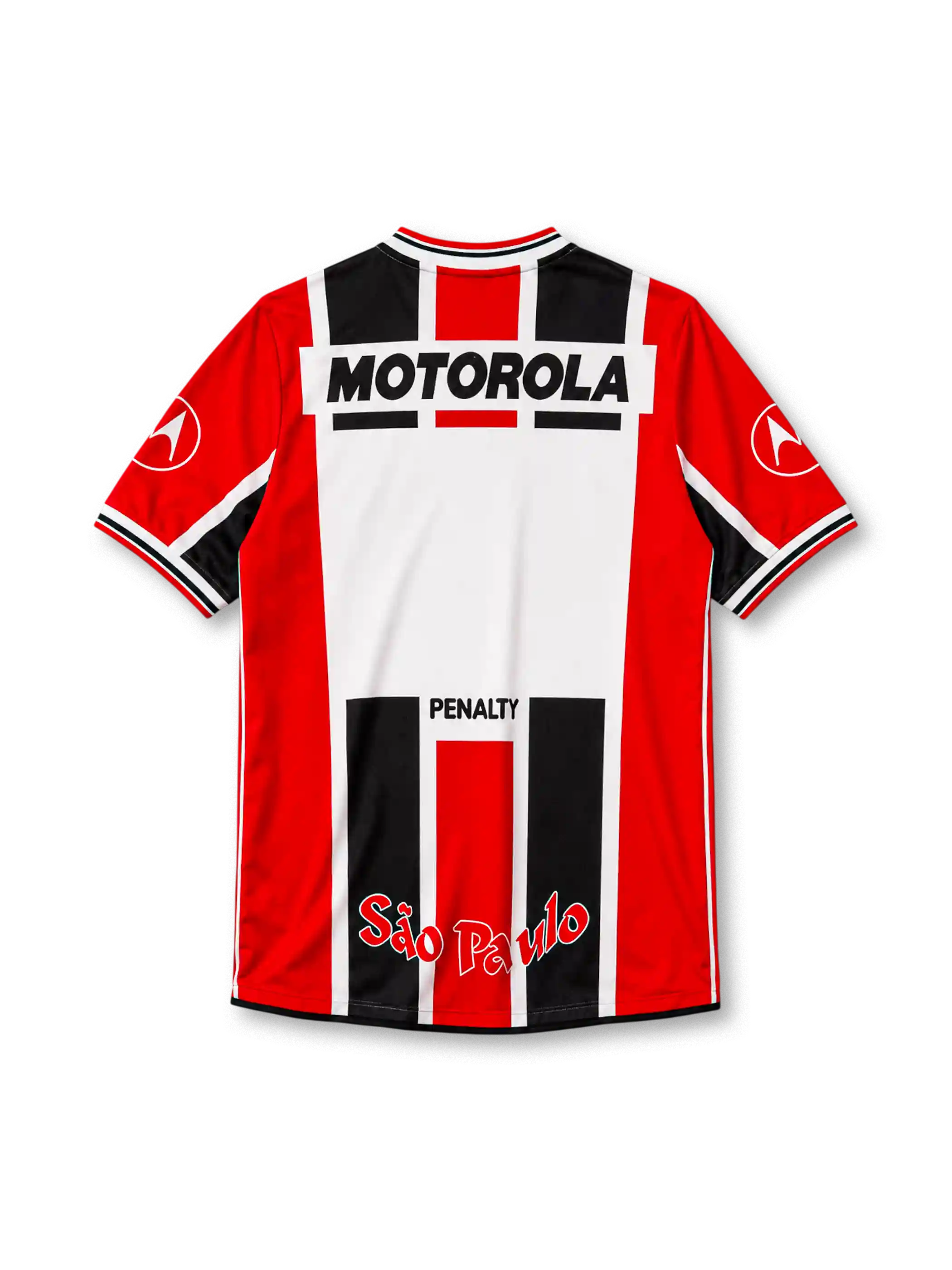 Sao Paulo FC 2000 away jersey with red and black vertical stripes and Motorola sponsor branding